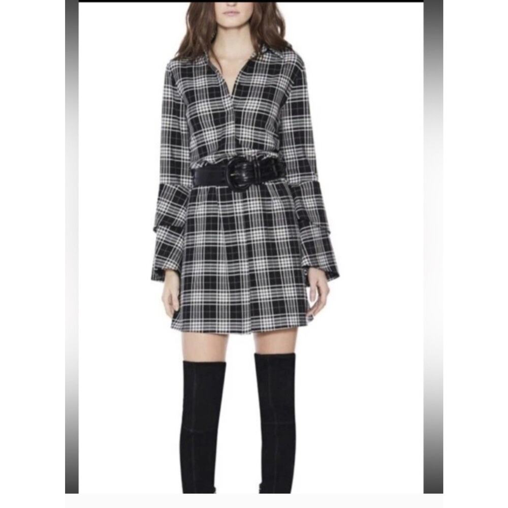 Alice+Olivia Sz M Jem Ruffle-sleeve Plaid Shirt Dress In Black/white NWOT